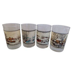 1980's Set of 4 Currier & Ives Winter Scenes Bar Glasses Heavy Bottoms 4.75"x 3"